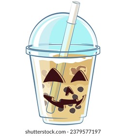 mascota del personaje de un vaso de hielo boba con una cara graciosa de miedo para la celebración de halloween, ilustración aislada del vector de dibujos animados. emoticono, linda mascota de helado de boba