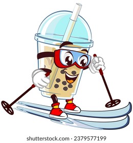 character mascot of a glass of boba ice with a funny face surfing with ski wearing safety glasses, isolated cartoon vector illustration. emoticon, cute boba ice glass cone mascot