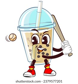 character mascot of a glass of boba ice with a funny face playing baseball as a hitter ready to hit the ball with a bat, isolated cartoon vector illustration. emoticon, cute boba ice glass cone mascot