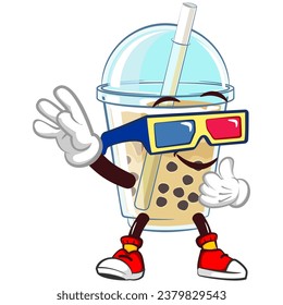 mascota del personaje de un vaso de hielo boba con una cara graciosa usando gafas 3d para ver películas 3d, ilustración aislada del vector de dibujos animados. emoticono, linda mascota de helado de boba