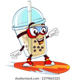 character mascot of a glass of boba ice with a funny face surfing using a surfboard and wearing protective glasses, isolated cartoon vector illustration. emoticon, cute glass of iced boba mascot