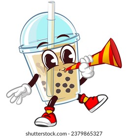character mascot of a glass of boba ice with a funny face blowing a party trumpet cheerfully, isolated cartoon vector illustration. emoticon, cute glass of iced boba mascot