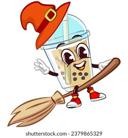 character mascot glass of boba ice with funny face witch wearing hat flying with magic broom, isolated cartoon vector illustration. emoticon, cute glass of iced boba mascot