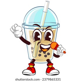 character mascot of a glass of boba ice with a funny face using a mic with enthusiasm, isolated cartoon vector illustration. emoticon, cute glass of iced boba mascot