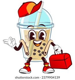 character mascot of a glass of boba ice with a cute face handyman in a hat carrying a toolbox, isolated cartoon vector illustration. emoticon, cute glass of iced boba mascot
