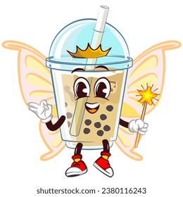 character mascot of a glass of boba ice with a cute face a flying fairy with crowned butterfly wings and carrying a magic wand, isolated cartoon vector illustration. emoticon, cute glass of iced boba 