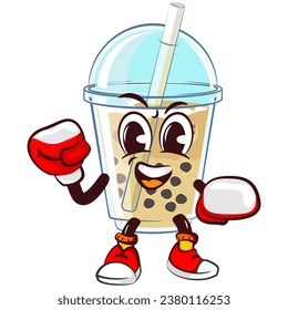 character mascot of a glass of boba ice with a funny face practicing boxing with boxing gloves on, isolated cartoon vector illustration. emoticon, cute glass of iced boba mascot