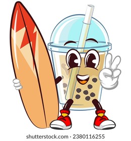 character mascot of a glass of boba ice with a funny face with a surfboard while giving a peace sign, isolated cartoon vector illustration. emoticon, cute glass of iced boba mascot