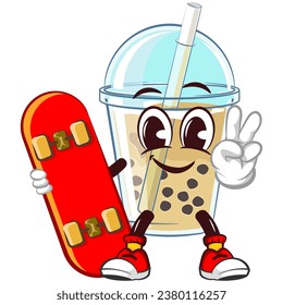 character mascot of a glass of boba ice with a funny face with a skateboard while giving a peace sign, isolated cartoon vector illustration. emoticon, cute glass of iced boba mascot