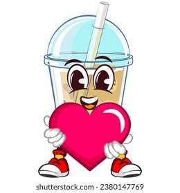 character mascot of a glass of boba ice with a cute face carrying a pink heart, isolated cartoon vector illustration. emoticon, cute glass of iced boba mascot