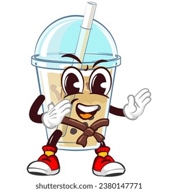 mascota del personaje de un vaso de hielo boba con una cara divertida practicando artes marciales con un cinturón, ilustración aislada del vector de dibujos animados. emoticono, lindo vaso de una mascota de boba helada