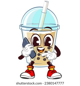 mascota del personaje de un vaso de hielo boba con una cara divertida comunicándose por smartphone, ilustración aislada del vector de dibujos animados. emoticono, lindo vaso de una mascota de boba helada