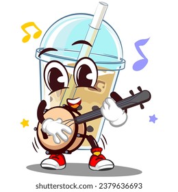 character mascot glass of iced boba with funny face playing banjo, isolated cartoon vector illustration. emoticon, cute boba ice glass mascot