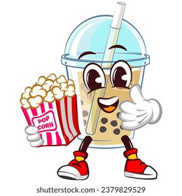 character mascot of a glass of iced boba with a funny face carrying popcorn and giving a thumbs up, isolated cartoon vector illustration. emoticon, cute boba ice glass cone mascot
