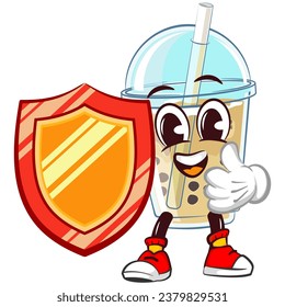 character mascot of a glass of iced boba with a funny face taking cover by carrying a shield while giving a thumbs up, isolated cartoon vector illustration. emoticon, cute boba ice glass cone mascot