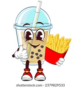 character mascot of a glass of iced boba with a funny face carrying french fries and giving a thumbs up, isolated cartoon vector illustration. emoticon, cute boba ice glass cone mascot