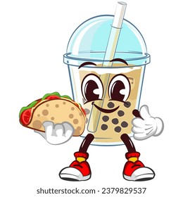 character mascot of a glass of iced boba with a funny face carrying a taco and giving a thumbs up, isolated cartoon vector illustration. emoticon, cute boba ice glass cone mascot