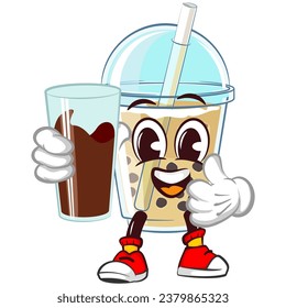 character mascot of a glass of iced boba with a funny face raising a glass of chocolate with a thumbs up, isolated cartoon vector illustration. emoticon, cute boba ice glass mascot