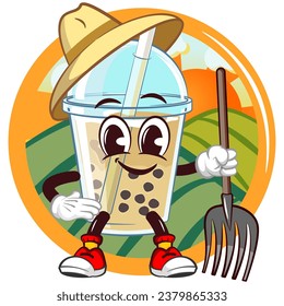 character mascot of a glass of iced boba with a funny face in the logo holding a fork scoop in front of a field view and wearing a farmer's hat, isolated cartoon vector illustration. emoticon