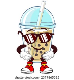 character mascot of a glass of iced boba with a cool stylish funny face wearing sunglasses, isolated cartoon vector illustration. emoticon, cute boba ice glass mascot