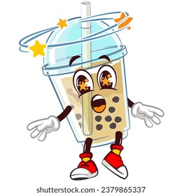 character mascot of a glass of iced boba with a drunk and dizzy funny face, isolated cartoon vector illustration. emoticon, cute glass of iced boba mascot