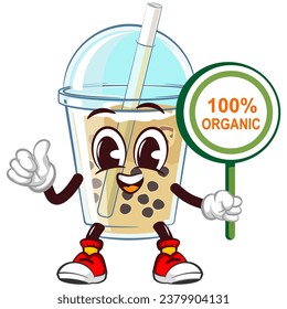 character mascot of a glass of iced boba with a funny face giving a thumbs up sign and holding up a sign saying 100 percent organic, isolated cartoon vector illustration. emoticon, cute glass of iced 
