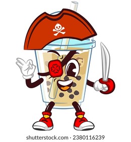 character mascot of a glass of iced boba with a one-eyed funny face in a pirate hat carrying a dagger while giving an okay sign, isolated cartoon vector illustration. emoticon, cute glass of iced boba