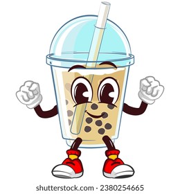 The character mascot of a glass of iced boba with a cute face is healthy and very fit with both fists raised. emoticon, cute glass of iced boba mascot
