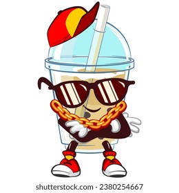 the character mascot of a glass of iced boba with a funny face in a cool hip hop style with sunglasses, a hat and a gold chain necklace. emoticon, cute glass of iced boba mascot