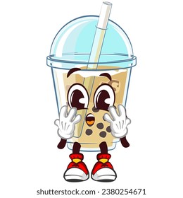 the character mascot of a glass of iced boba with a cute face is wondering. emoticon, cute glass of iced boba mascot