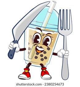 character mascot of a glass of iced boba with a cute face excitedly holding a fork and knife, isolated cartoon vector illustration. emoticon, cute glass of iced boba mascot
