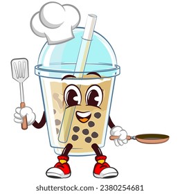 character mascot of a glass of iced boba with a cute face in a chef's hat excitedly holding a spatula and a frying pan, isolated cartoon vector illustration. emoticon, cute glass of iced boba mascot