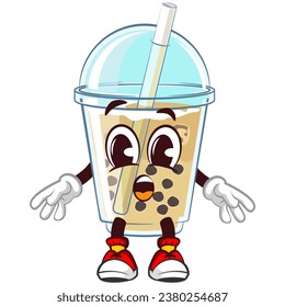 character mascot of a glass of iced boba with a funny surprised face. emoticon, cute glass of iced boba mascot