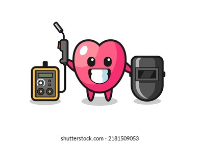 Character mascot of heart symbol as a welder , cute style design for t shirt, sticker, logo element