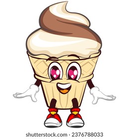 character mascot of ice cream cone with cute face in love, isolated cartoon vector illustration. emoticon, cute ice cream cone mascot