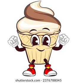 character mascot of ice cream cone with cute face healthy and strong, isolated cartoon vector illustration. emoticon, cute ice cream cone mascot