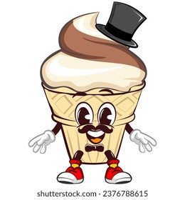 character mascot from an ice cream cone with a funny face dressed up in a vintage mustache, wearing a hat and bow tie, wearing sunglasses and a gold chain necklace, isolated cartoon vector illustratio