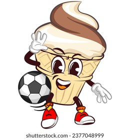 character mascot of ice cream cone with funny face playing soccer, isolated cartoon vector illustration. emoticon, cute ice cream cone mascot