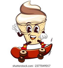 character mascot of ice cream cone with funny face sliding with skateboard, isolated cartoon vector illustration. emoticon, cute ice cream cone mascot