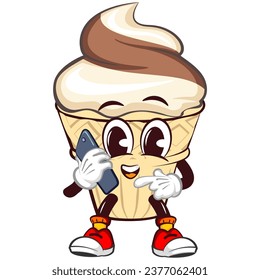 character mascot of ice cream cone with funny face calling with smartphone, isolated cartoon vector illustration. emoticon, cute ice cream cone mascot