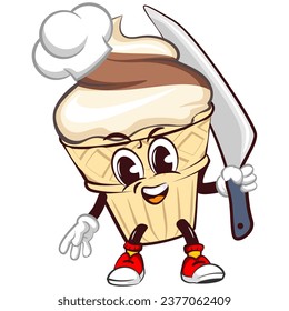 character mascot of ice cream cone with funny face carrying knife wearing chef hat, isolated cartoon vector illustration. emoticon, cute ice cream cone mascot