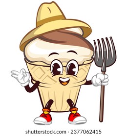 character mascot of ice cream cone with funny face in farmer hat carrying fork scoop, isolated cartoon vector illustration. emoticon, cute ice cream cone mascot