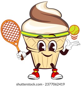 character mascot of ice cream cone with funny face playing tennis with racket and ball, isolated cartoon vector illustration. emoticon, cute ice cream cone mascot