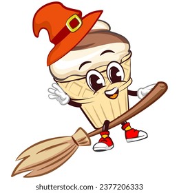 character mascot of ice cream cone with funny face witch wearing hat flying on broom while waving hand, isolated cartoon vector illustration. emoticon, cute ice cream cone mascot