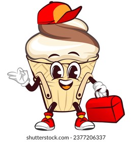 character mascot of ice cream cone with funny face handyman in hat carrying boxtool, isolated cartoon vector illustration. emoticon, cute ice cream cone mascot