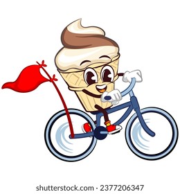 character mascot of ice cream cone with funny face cycling cheerfully, isolated cartoon vector illustration. emoticon, cute ice cream cone mascot