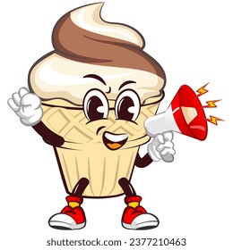 character mascot of ice cream cone with funny face shouting with a loudspeaker, isolated cartoon vector illustration. emoticon, cute ice cream cone mascot