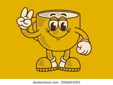 Character mascot illustration of a coffee mug with hands forming a peace symbol in retro yellow background