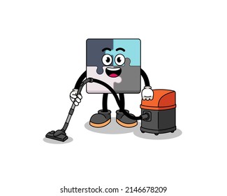 Character mascot of jigsaw puzzle holding vacuum cleaner , character design