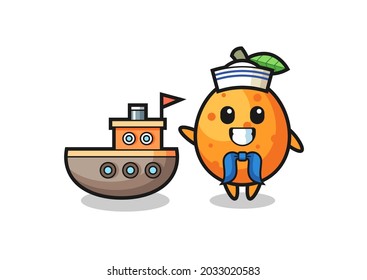 Character mascot of kumquat as a sailor man , cute style design for t shirt, sticker, logo element